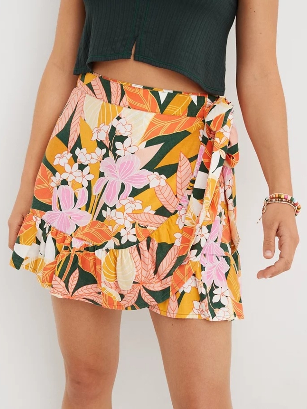 Aerie Floral Wrap Mini Skirt - Pink, Mustard & Green